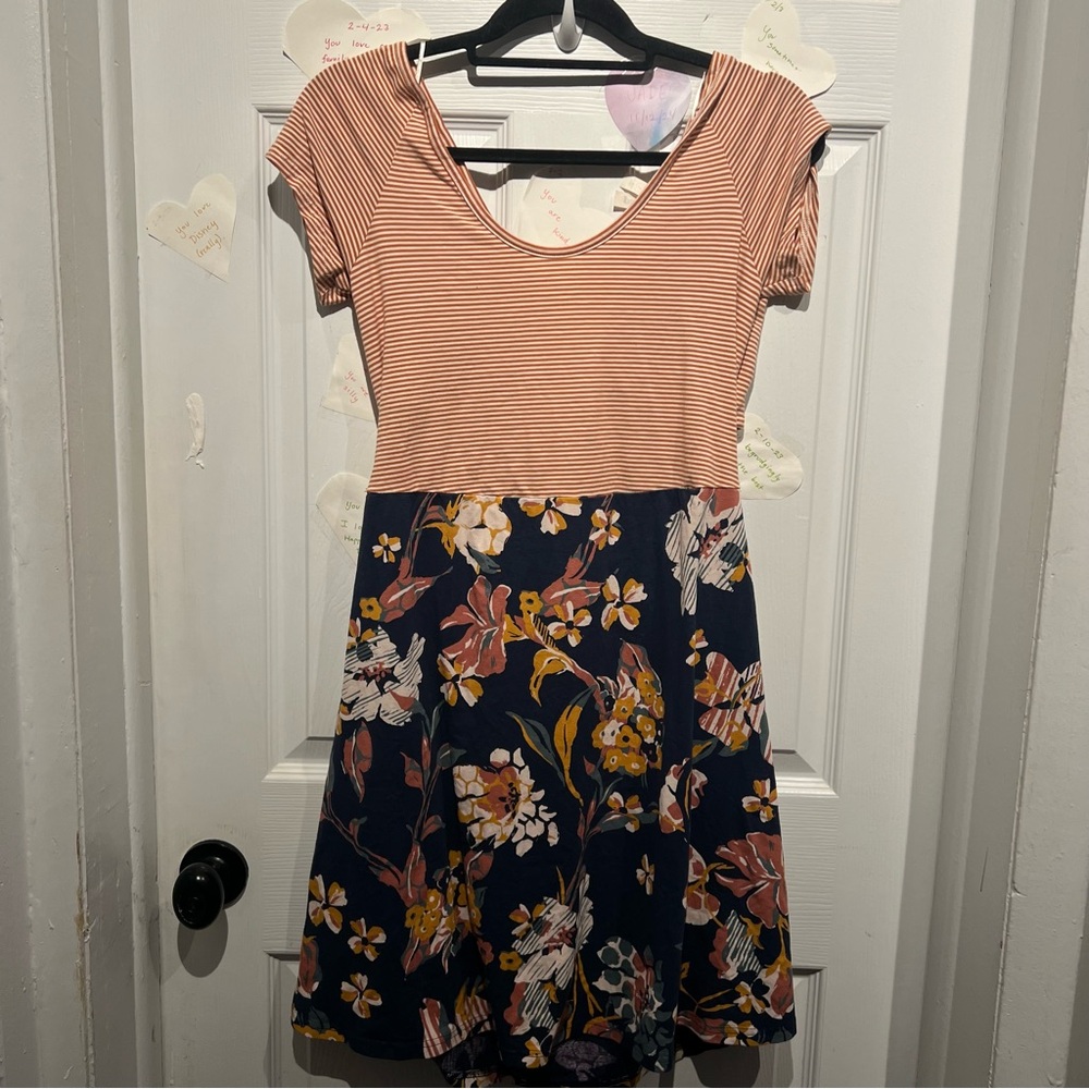 Pact Peach Striped Top Navy Floral Mini Dress